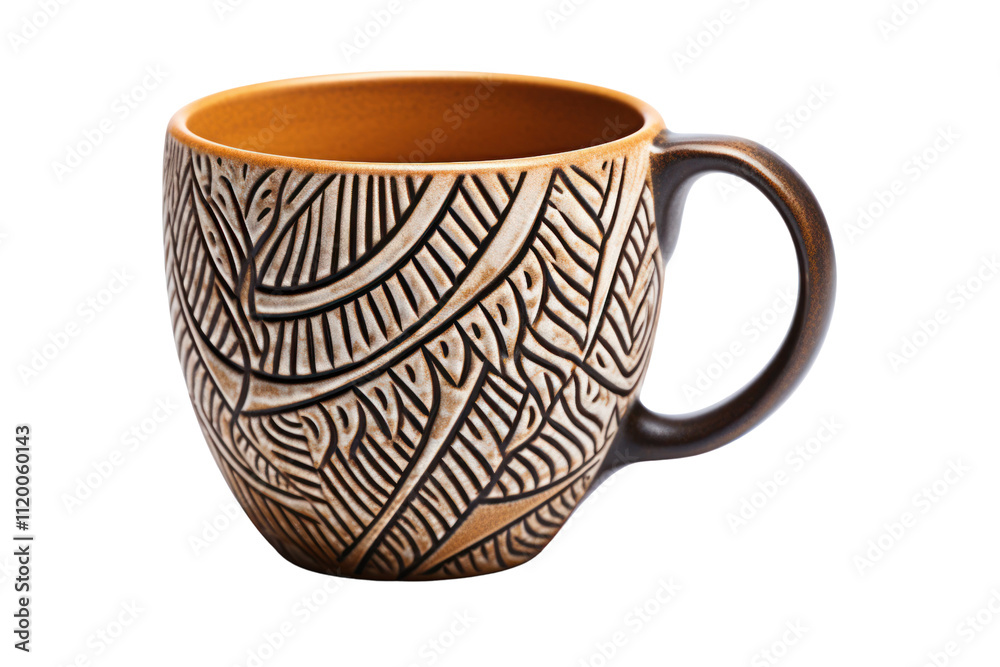 A rustic, hand-painted coffee cup made of clay, displaying intricate patterns and earthy tones. The cup is set against a plain white backdrop A rustic, hand-painted coffee cup made of clay, displaying intricate patterns and earthy tones. The cup is set against a plain white backdrop