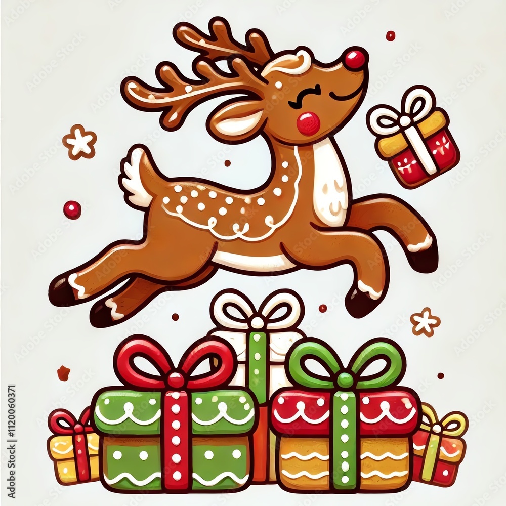 A cheerful reindeer joyfully leaping among colorful wrapped gifts, embodying the festive spirit of the holiday season. A cheerful reindeer joyfully leaping among colorful wrapped gifts, embodying the festive spirit of the holiday season.