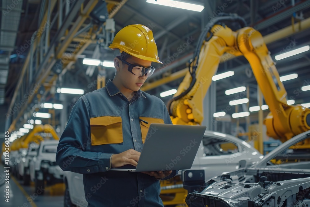 Female engineer monitors automated assembly line for electric vehicles. Female engineer monitors automated assembly line for electric vehicles.