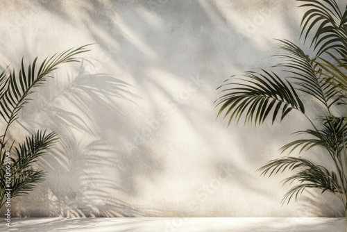 Pixel Perfect Picture of Shadow of Palm Leaves on White Concrete Light Beige Wall