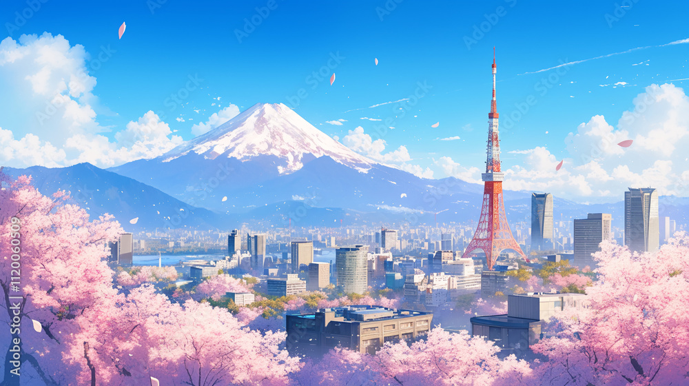 Fototapeta premium kawaii anime cartoon spring season blooming flower Meadow and mountain forest happy day background