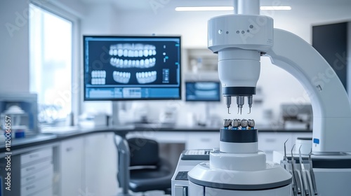 A modern dental lab featuring advanced machinery and a digital display showcasing dental images for precise treatment planning.