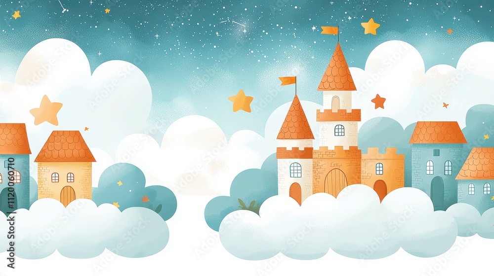 Fototapeta premium Colorful Fantasy Castle and Dreamy Clouds in a Magical Sky Illustration