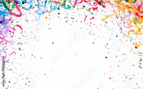 Top View of Party Popper with Colorful Ribbons and Confetti on White Background. Web Banner with Copy Space for Text or Logo. photo