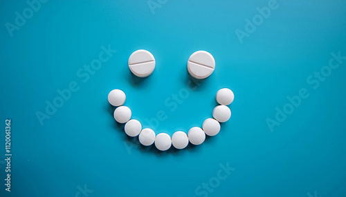 A smile made of pills on a blue background. Medical concept, banner for pharmacies, hospital. Capsules arranged in the shape of a smile. White capsules, tablets. Health