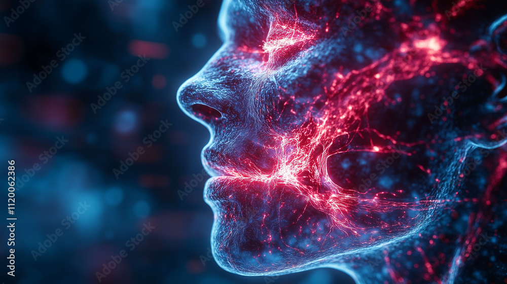 Trigeminal nerve with a highlighted area indicating pain Trigeminal nerve with a highlighted area indicating pain