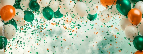 St. Patrick's Day Digital Background with Balloons, Confetti in Green, White, and Orange Sky