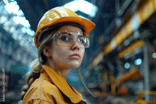 Female engineer inspects machinery in metal sheet factory.