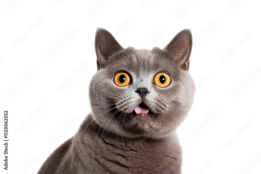 A lilac British cat sits upright, staring up in amazement with its mouth slightly open, giving it a surprised look. The cats fur is soft and velvety A lilac British cat sits upright, staring up in amazement with its mouth slightly open, giving it a surprised look. The cats fur is soft and velvety