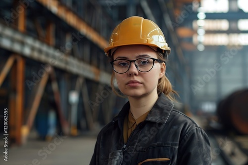 Female heavy industry engineer in steel factory.