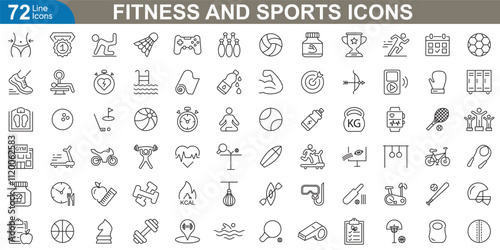 Fitness and sports line icons set. Dumbbell, running, stopwatch, kettlebell, treadmill, jump, basketball, heart rate and more. vector illustration