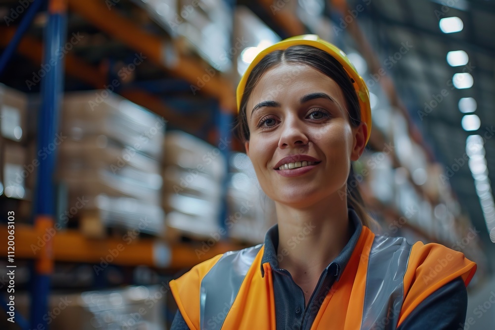 Portrait of smiling female blue collar worker in distribution warehouse Portrait of smiling female blue collar worker in distribution warehouse