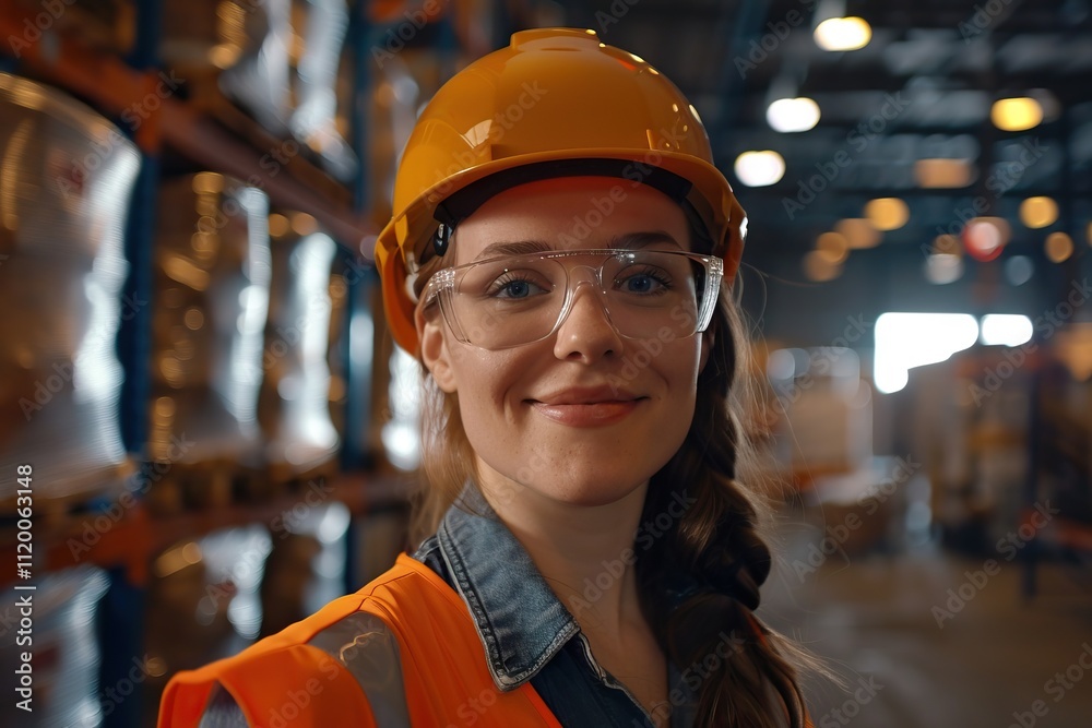 Portrait of smiling female blue collar worker in distribution warehouse Portrait of smiling female blue collar worker in distribution warehouse