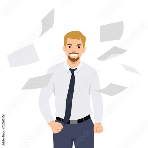 Angry disgruntled office worker in stress. Furious annoyed employee throwing paper documents. Flat vector illustration isolated on white background