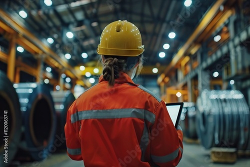 Female heavy industry engineer in safety gear uses tablet.