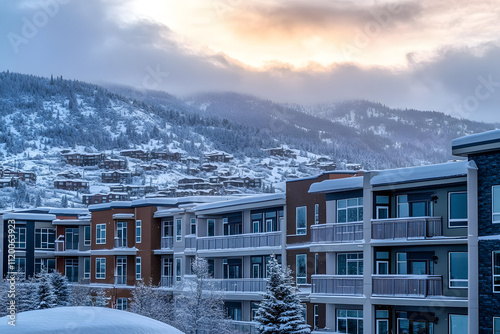 Avon, Colorado small town Mountain Village in winter snow view of Rocky Mountains and modern apartment architecture by Vail