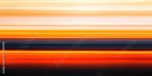 Abstract blurred sunset background with stripes of light in orange yellow and black, horizontal lines glowing gradient in motion blur