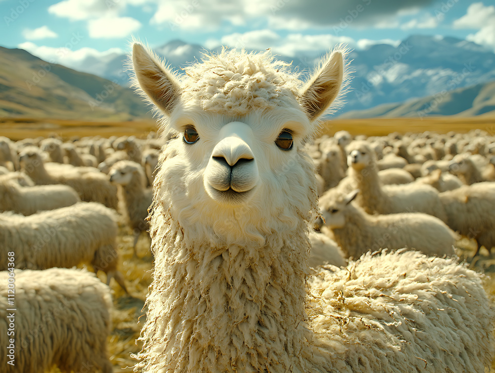 Obraz premium A cute fluffy white llama standing out from the crowd of colorful llamas in a surreal dreamscape Harvest Time Mustard yellow rust orange deep brown olive green Cubism