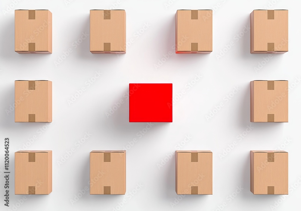 Distinguish yourself from the rest. Conceptual image of a red cardboard box surrounded by numerous identical brown boxes. Distinguish yourself from the rest. Conceptual image of a red cardboard box surrounded by numerous identical brown boxes.