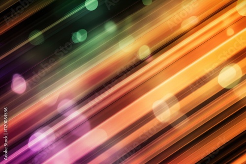 Abstract blurred background of colorful flowing streaks of light and bokeh with gradients in orange green and black