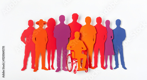 Diversity and inclusion concept, papercatf or paper cut silhouettes of a wheelchair user and diverse social and ethical group standing in unity and support 