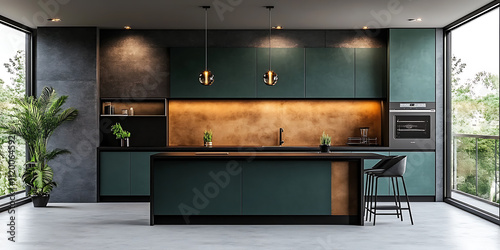  Studio apartment with black dining table chairs and kitchen island Scandinavian minimalist interior design of modern living room Bold and Moody Burgundy charcoal gold dark teal Cubism