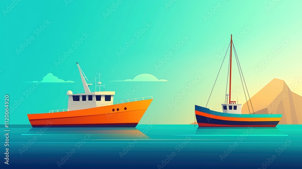 Two boats are floating in the ocean, one is orange and the other is blue Two boats are floating in the ocean, one is orange and the other is blue