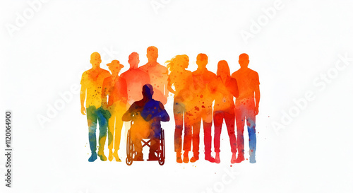 Diversity and inclusion concept, watercolor  silhouettes of a wheelchair user and diverse social and ethical group standing in unity and support 