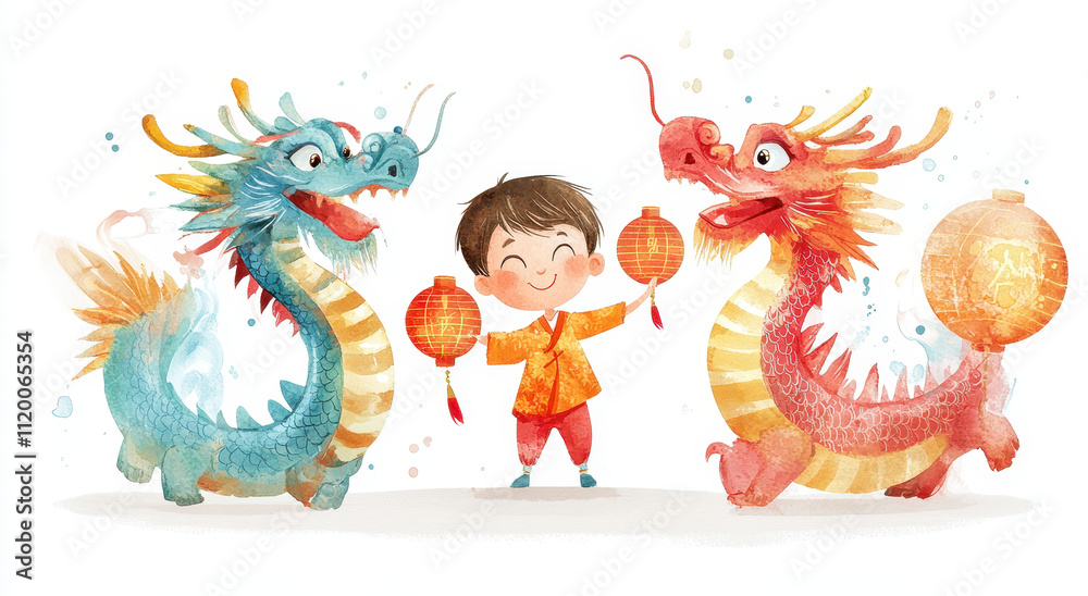 Naklejka premium Joyful boy holds lanterns, dancing with colorful dragons