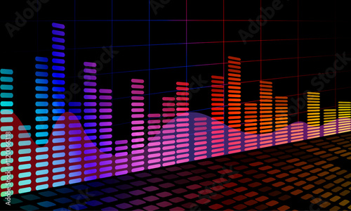 Abstract background, digital equalizer bar graph, digital graphic illustration, frequency graph, sound wave, gradient color bar.