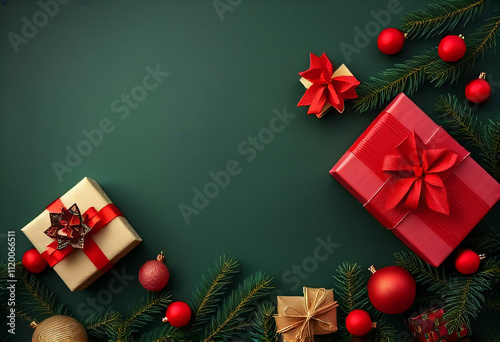 Christmas Gift Presents and Decorations on Green Background