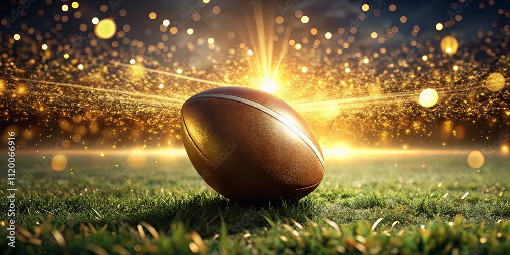 Sparkling Rugby Ball on Grass Field at Dusk Sparkling Rugby Ball on Grass Field at Dusk