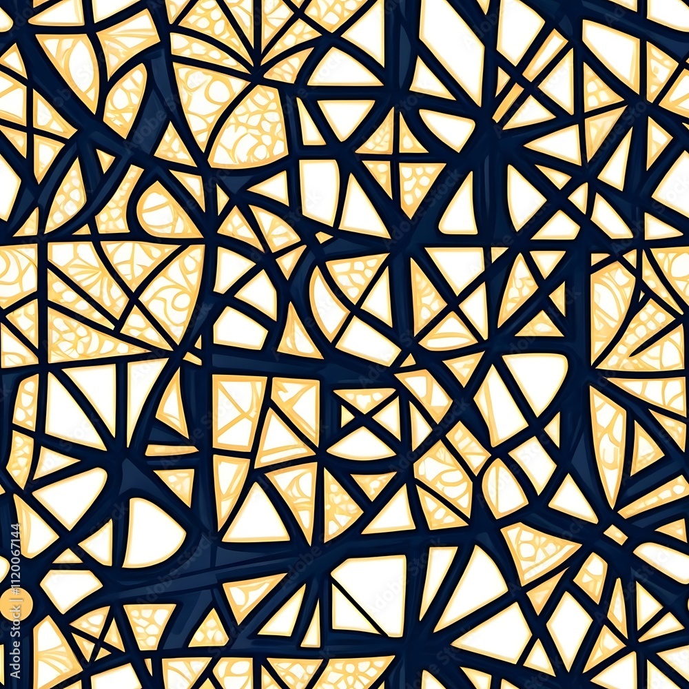 Abstract Geometric Pattern: A seamless and repeating design of interlocking geometric shapes in blue and yellow, reminiscent of stained glass, creates a vibrant and modern background for any project. Abstract Geometric Pattern: A seamless and repeating design of interlocking geometric shapes in blue and yellow, reminiscent of stained glass, creates a vibrant and modern background for any project.