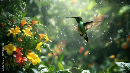 A hummingbird hovers in mid-flight, wings outstretched, amidst a rain shower, with a backdrop of vibrant yellow and red flowers.
