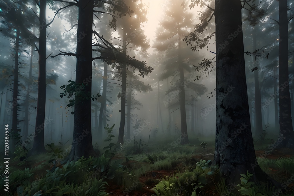 Fototapeta premium Trees in the fog. Smoke in the forest in the morning. Misty morning among the trees.