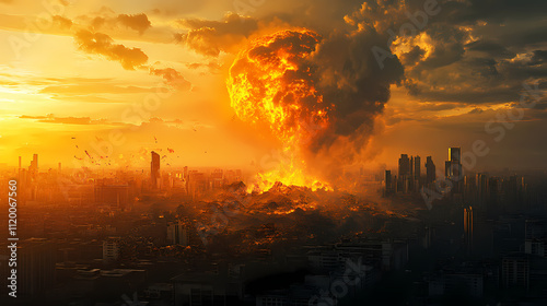 Post-apocalyptic landscape with cataclysmic impact generating fiery devastation and billowing smoke. Oblivion. Illustration