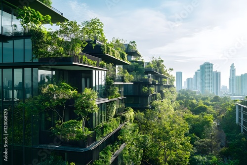 Modern apartments featuring lush gardens and green balconies integrated into urban architecture, showcasing sustainable living concepts in a city skyline backdrop