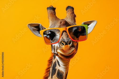 A comical giraffe with sunglasses in a studio, set against a bright and lively background. Stock photo. photo