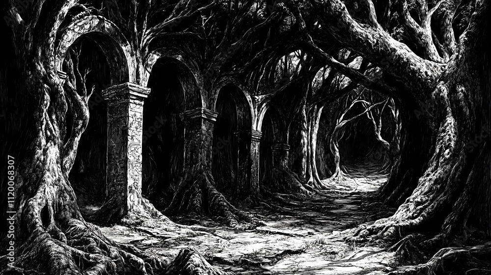 Fototapeta premium The ancient forest of oblivion: shadows, decay, and forgotten paths through nature. Oblivion. Illustration