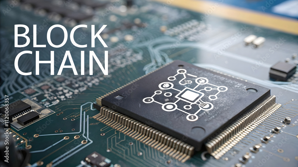 Close up of microchip on electronic circuit board with blockchain technology concept Close up of microchip on electronic circuit board with blockchain technology concept