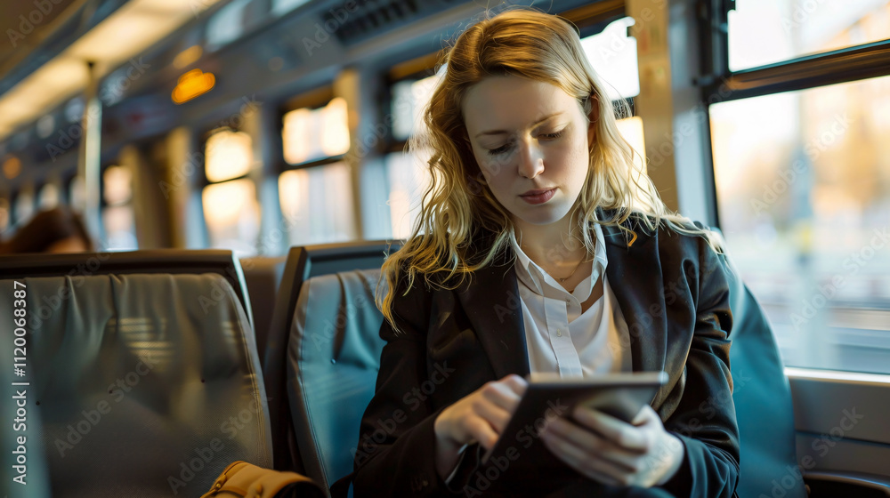 custom made wallpaper toronto digitalBusinesswoman checking her tablet while traveling on a train.