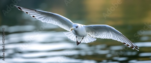 A white seagull with black wingtips flies over a body of water.