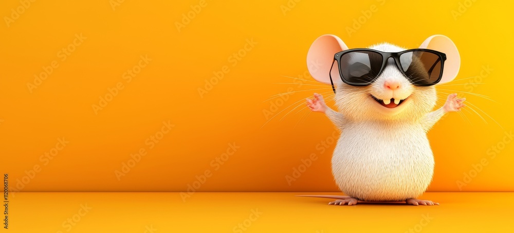 An imaginative animal design: a rodent mouse in sunglasses, set against a solid pastel background, ideal for commercial or editorial use, with a surrealism touch. An imaginative animal design: a rodent mouse in sunglasses, set against a solid pastel background, ideal for commercial or editorial use, with a surrealism touch.