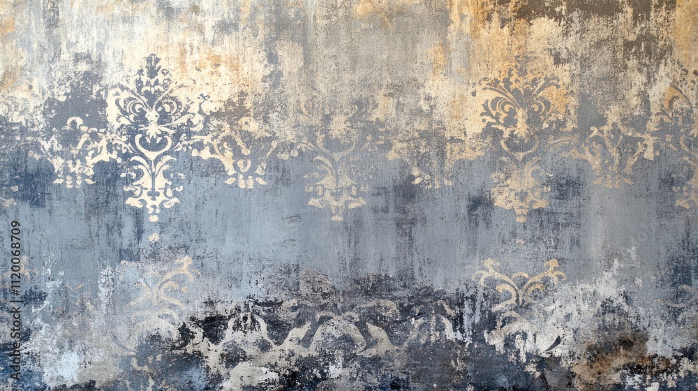 Fototapeta premium A weathered wall with a faded damask pattern in gold and grey.