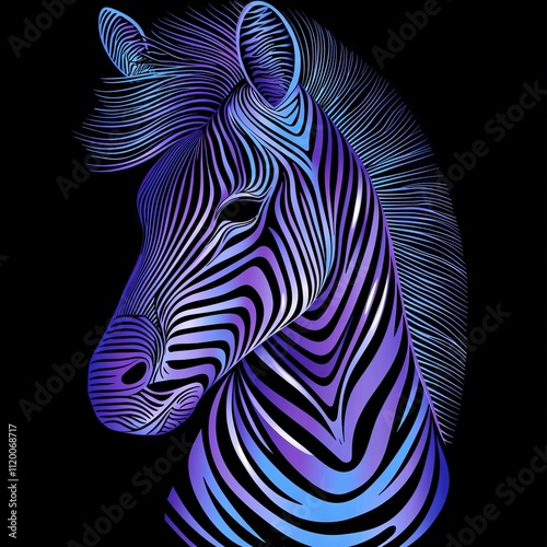 Neon-lit zebra animal portrait in a cute style. photo