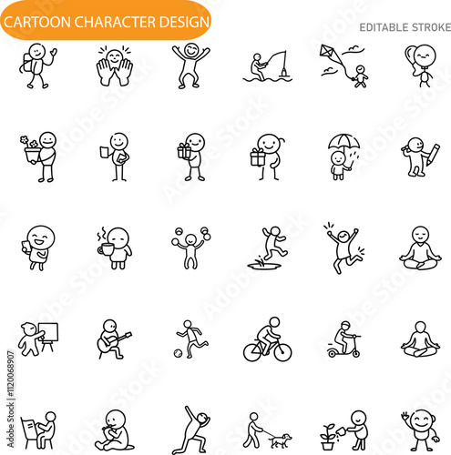 Editable Stroke Simple Cartoon Character Design Icons Set