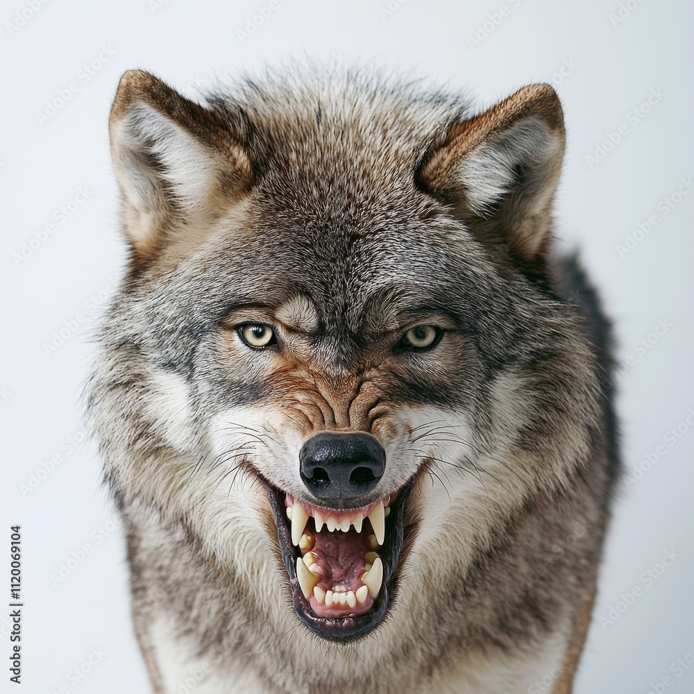 A front-facing view of a fierce wolf with its mouth open, isolated on a transparent background. A front-facing view of a fierce wolf with its mouth open, isolated on a transparent background.