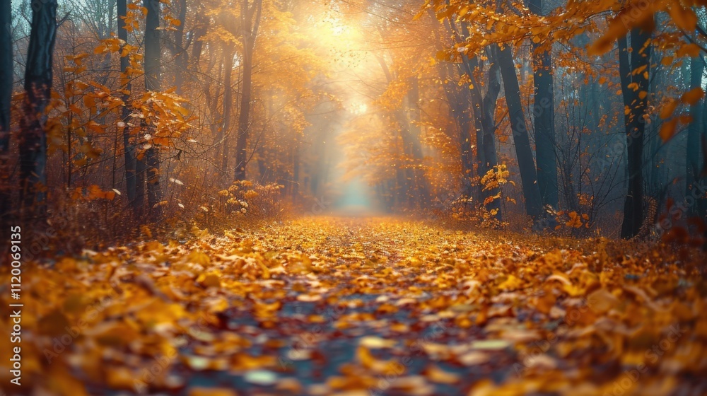 Tranquil Autumn Pathway with Vibrant Leaves Tranquil Autumn Pathway with Vibrant Leaves