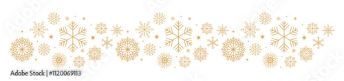 Gold snowflakes and stars border frame isolated on transparent background. Sparkles, stars, snowflakes border. Christmas banner. Gold snowflakes wave dot particles isolated on transparent background. 