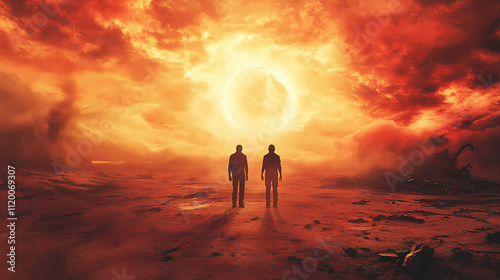 Two men standing in a post-apocalyptic hellscape. Oblivion. Illustration photo